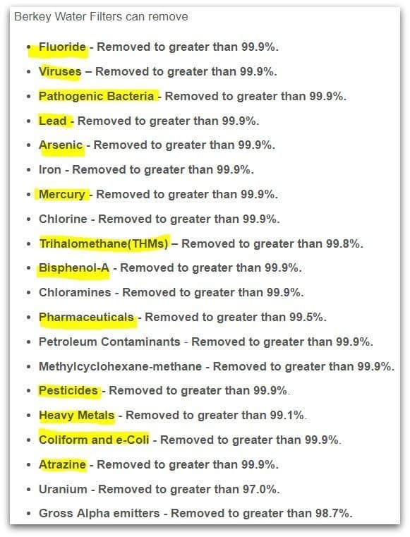 Fluoride-Free Water Even If There's NO Electricity: We Chose the Berkey. chart of contaminants removed