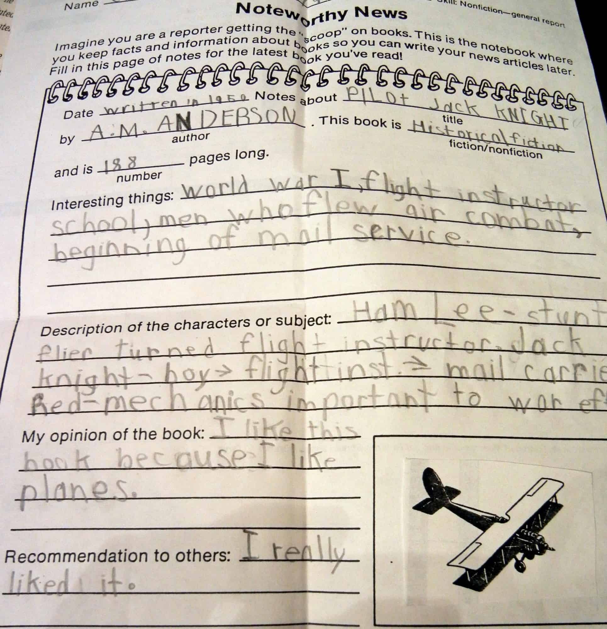  School work and journaling about flight.