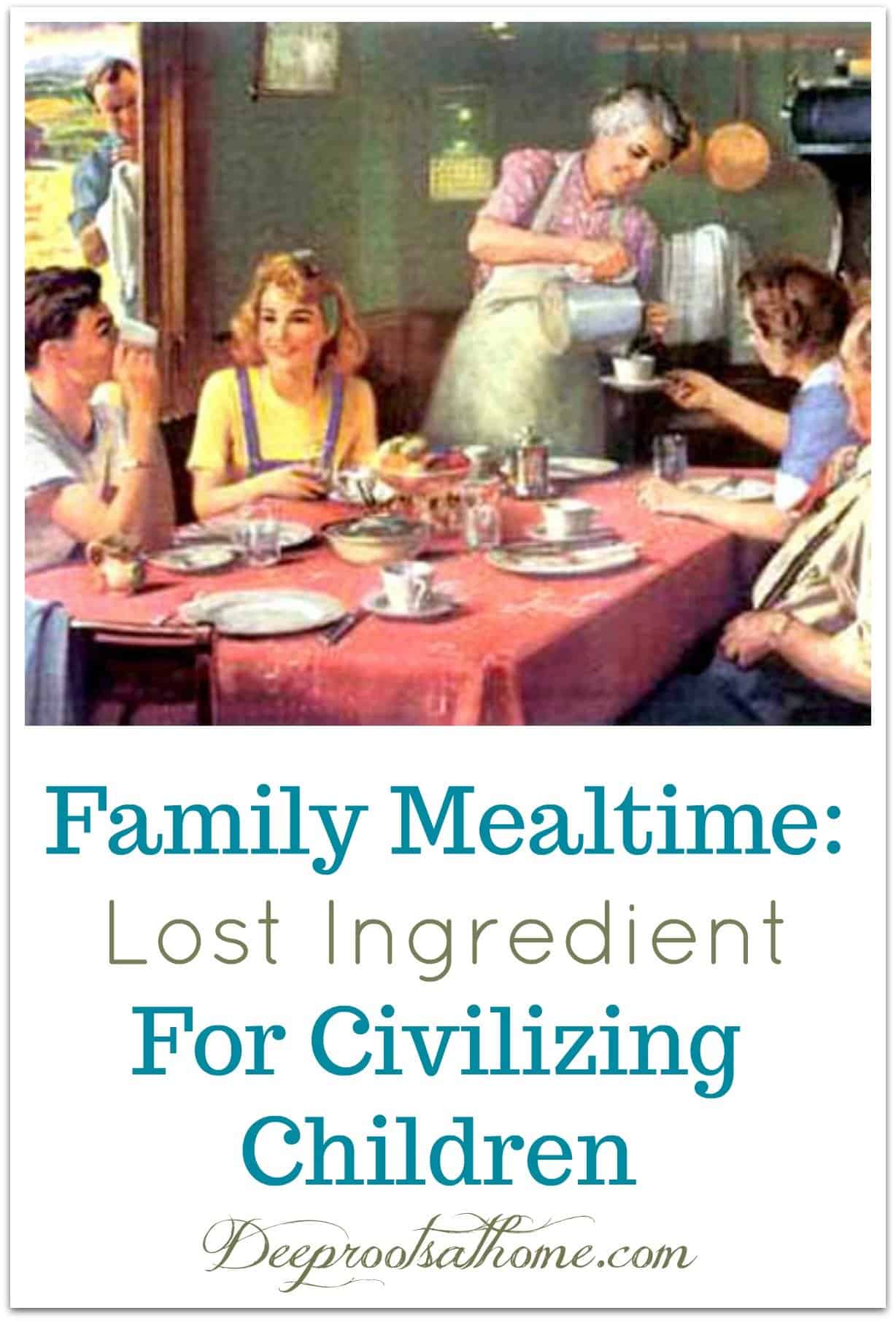 Family Mealtime: Lost Ingredient For Civilizing Children. A family, laughing together, sharing a meal. 