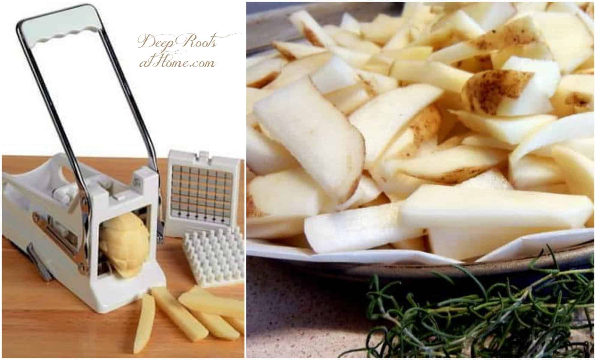 Crispy Golden Brown Oven French Fries. cutting potatoes