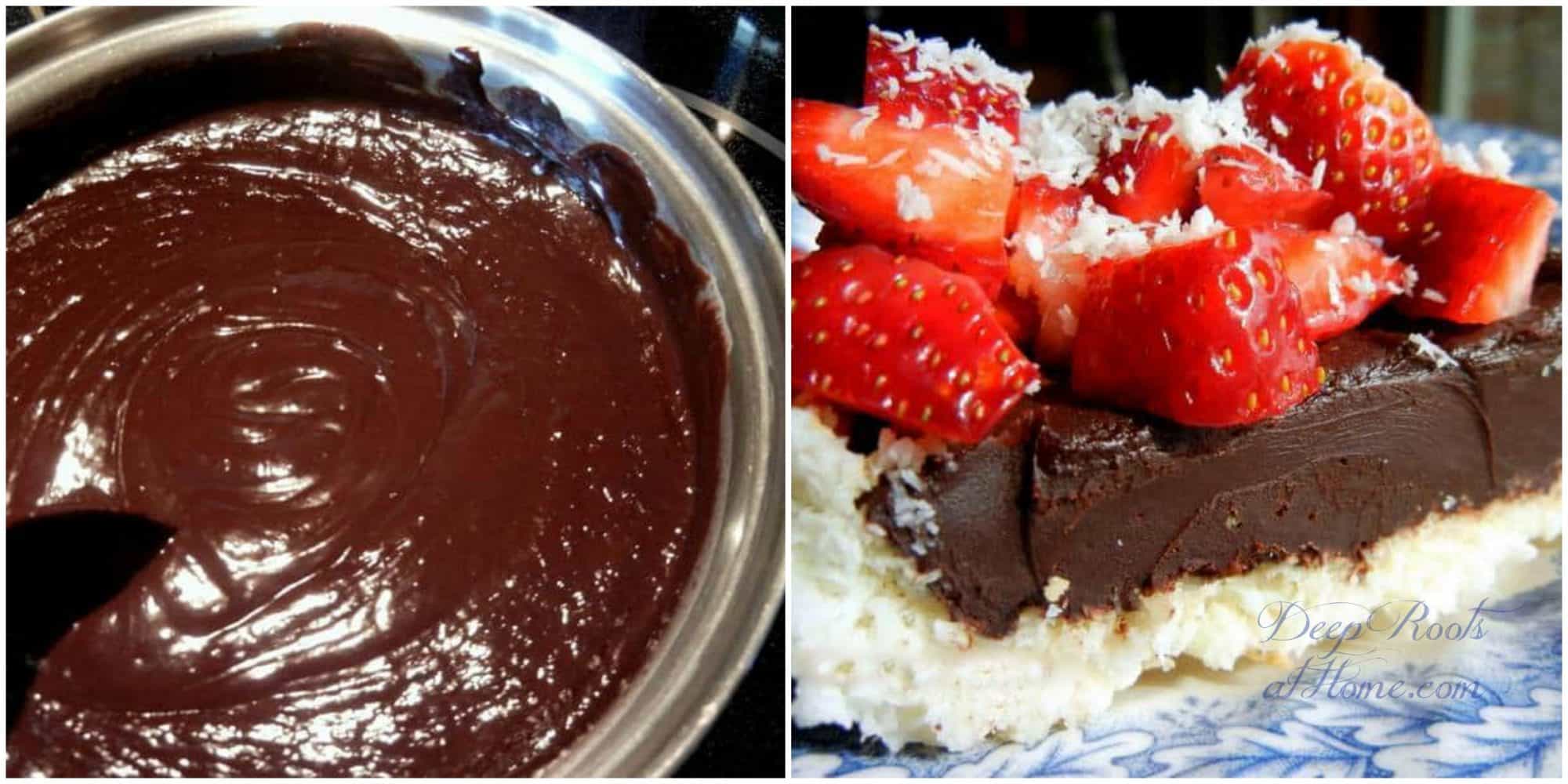making rich chocolate filling and adding strawberries