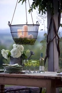 Creating Whimsy In Your Backyard & Garden, Part Two Creating Whimsy In Your Yard & Garden, Part Two. A non-electric hanging lamp of candles in an old egg basket