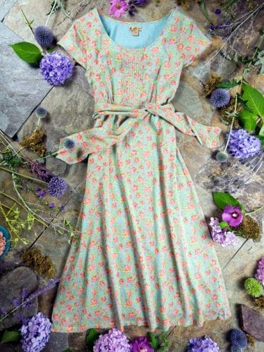 April Cornell summer dress, floral, feminine and modest, with sash