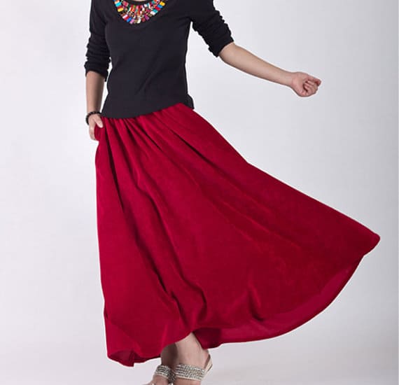 Mix-N-Match Feminine Style With a Sense of Fun and Color. A maxi skirt, crushed velvet, ruby red
