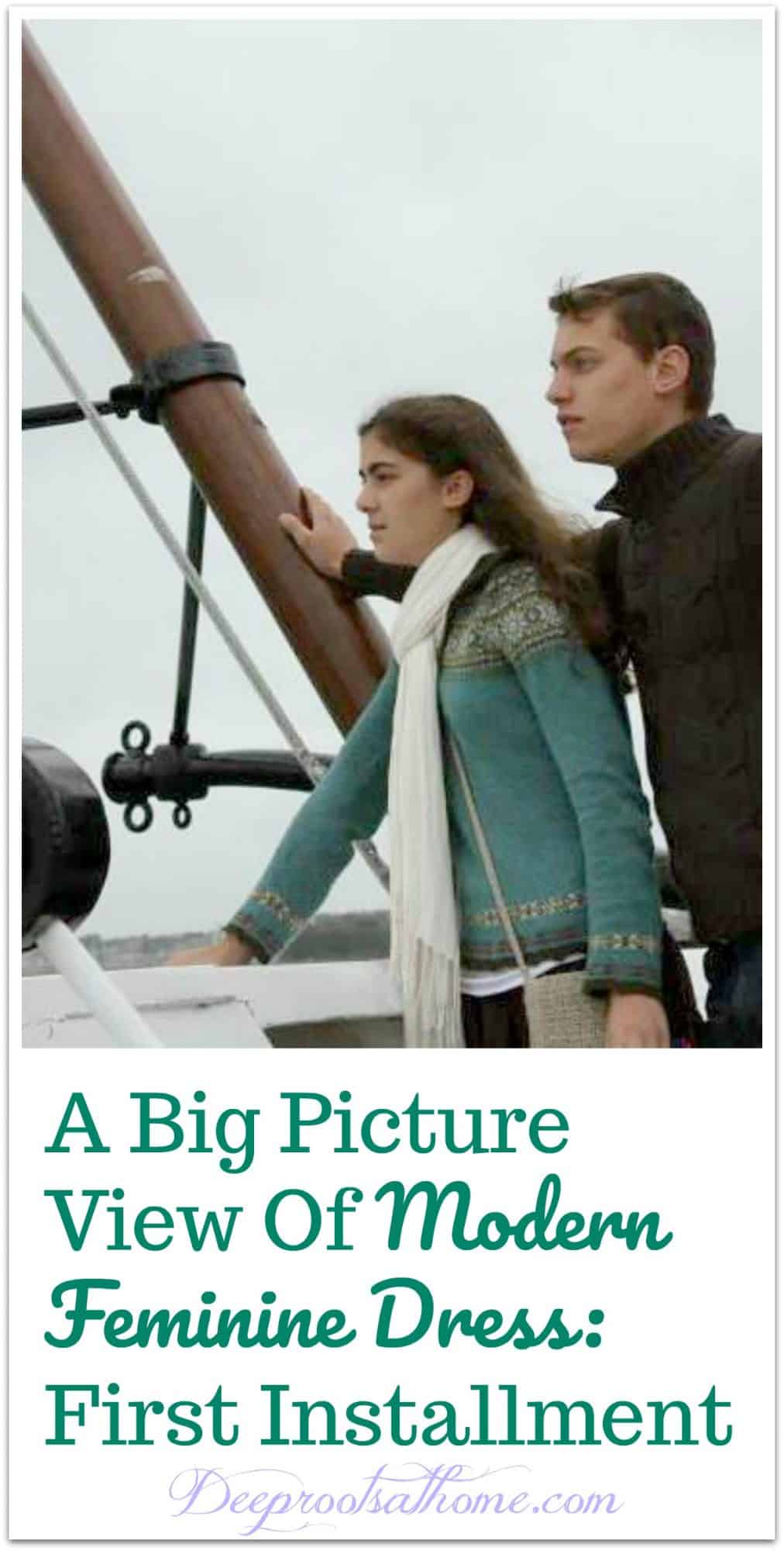 A Big Picture View Of Modern Feminine Dress: First Installment. A man and woman in classic cardigans on a ship