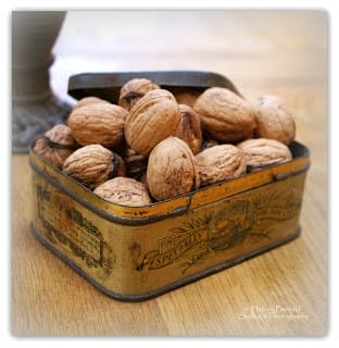 Simply Classic & Timeless Natural Holiday Decorations. walnuts, antique tins