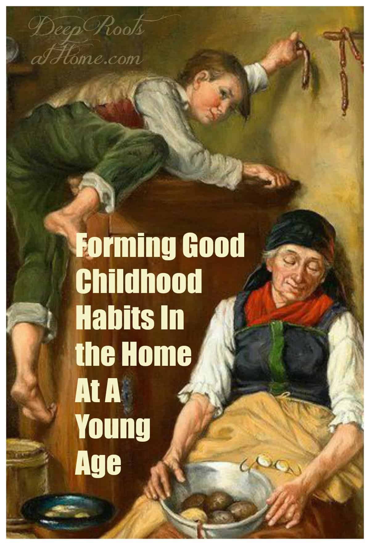 On Forming Good Childhood Habits In the Home At A Young Age. A old woman sleeping and a disrespectful boy climbing on the furniture