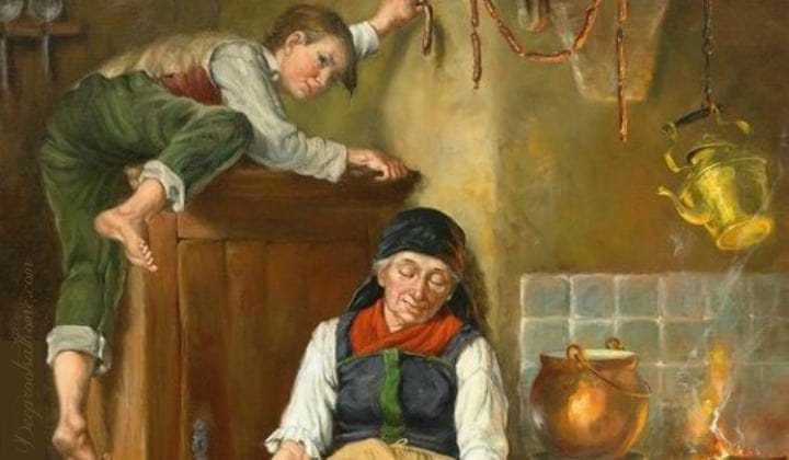 On Forming Good Childhood Habits In the Home At A Young Age. An antique painting of a sleeping old woman and a sneaky boy