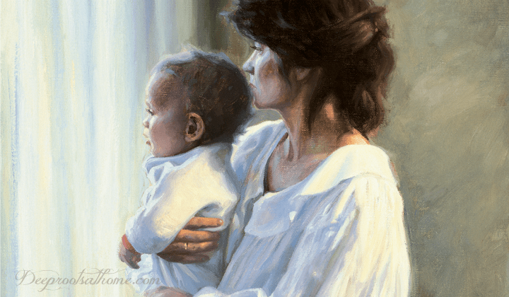 Thoughts On Time and Being A Mother. A Robert Duncan painting of a beautiful young mother holding her son and gazing out a window.