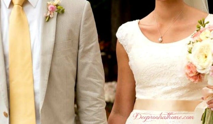 From Church To Wedding To Black Tie Event: Getting Dress. A bride in her wedding dress and the groom in his linen suit. 