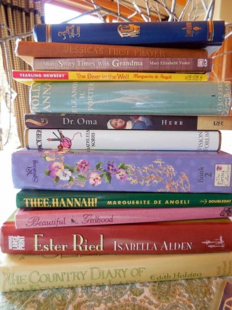 Character-Building Book Resources For Raising Girls, stack of excellent books: Thee Hannah, The Door In the Wall, Ester Ried, Story Times with Grandma, Dr. Oma, Jessica's First Prayer,