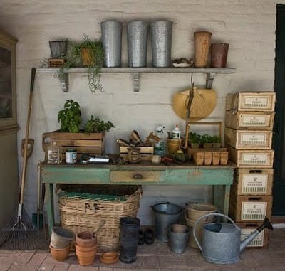 garden potting shed, watering cans