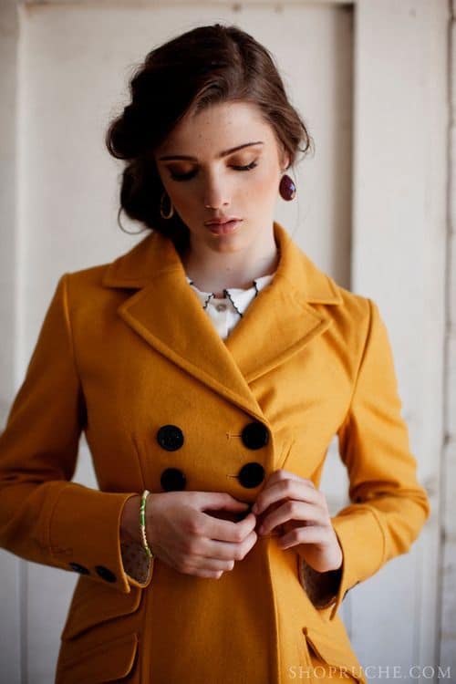 classy gold pea coat with 6 buttons