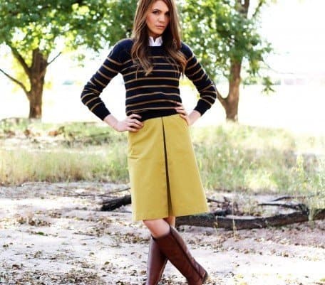 riding boots with split 1-line skirt and pin striped wool sweater