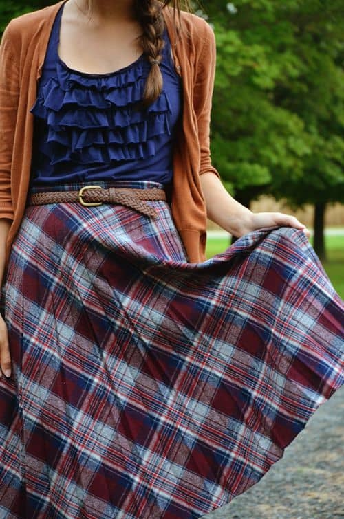 A-line and pleated plaid skirts cut on the bias 