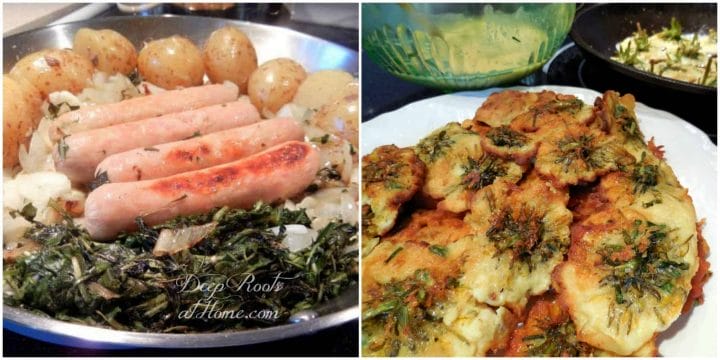 sausage, dandelion greens and potatoes, and fritters