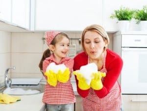 Do You Have A Homemaker in Training?, mother and daughter doing dishes, blowing bubbles, laughing
