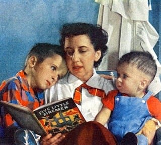 Character-Building Book Resources For Raising Boys, vintage painting of a mother reading to children