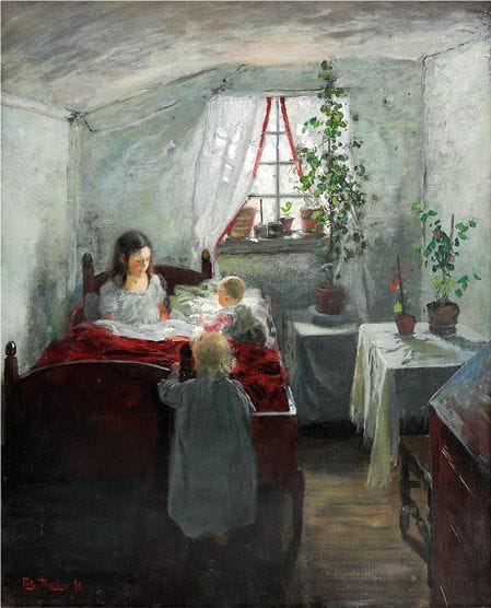Morning, 1890, Frits Thaulow. Norwegian Impressionist Painter (1847 - 1906), mother and children in bed