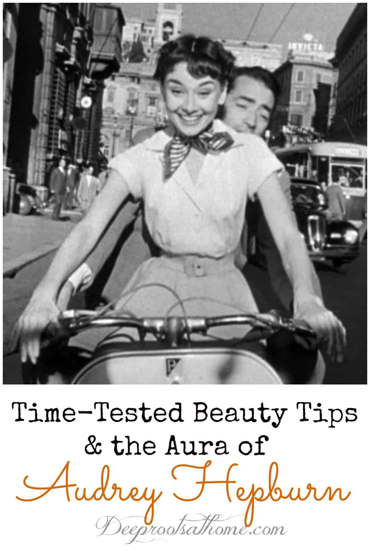 Time-Tested Beauty Tips and The Aura Of Audrey Hepburn. actress on bike with Cary Grant