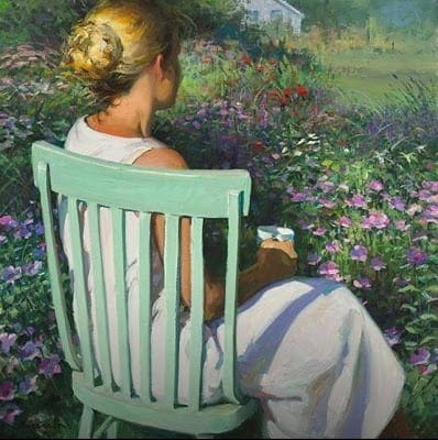 Green Chair by Jeffrey T. Larson, woman overlooking meadow