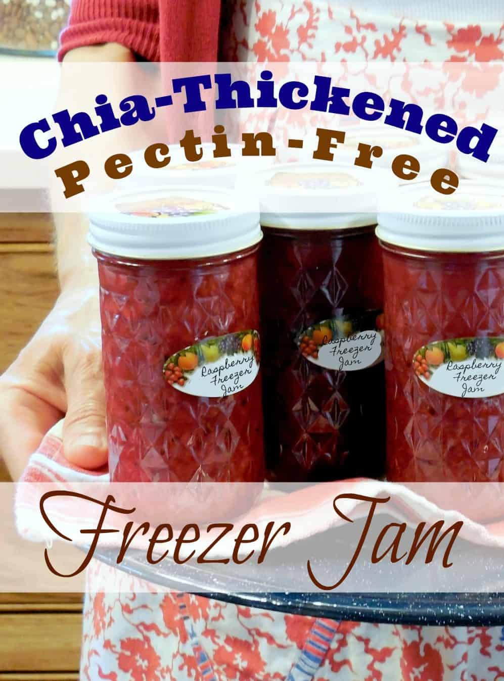 Refrigerator Jam Using Chia: Pectin-Free: White Sugar-Free. A tray of chia-thickened raspberry freezer jam