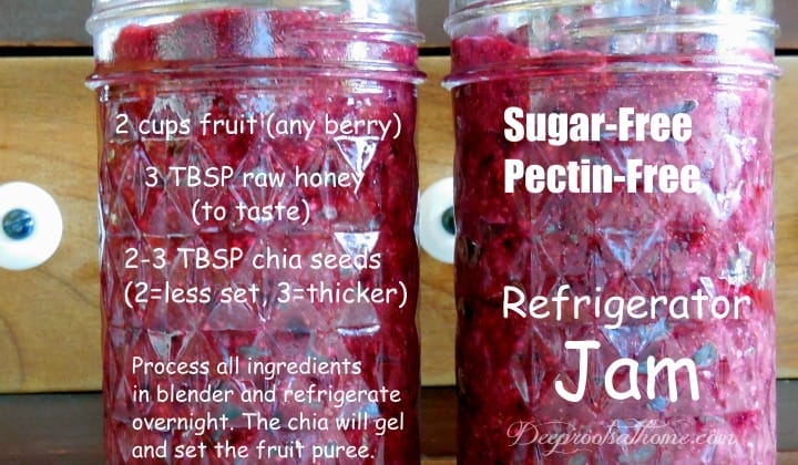 Refrigerator Jam Using Chia: Pectin-Free: White Sugar-Free. 2 pint canning jars of fruit jam with recipe on label.