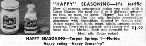 old ad for MSG, "Happy" Seasoning, monosodium glutamate, natural flavors