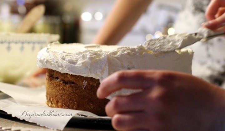 Honey-Sweetened Frosting (Have Your Cake & Eat It Too). Frosting a layer cake, the indistinguishable healthy version