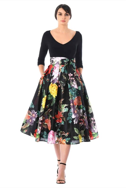 From Church To Wedding To Black Tie Event: Getting Dressy. An eShakti party dress with floral skirt and solid black top