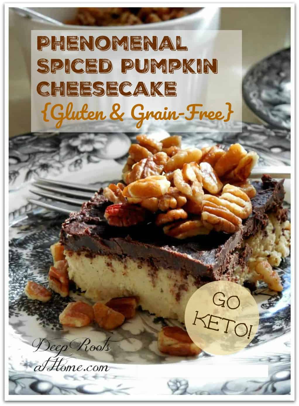 Phenomenal Spiced Pumpkin Cheesecake {Grain & Gluten-Free}. Pumpkin Cheesecake with a chocolate topping and toasted, salted pecans.