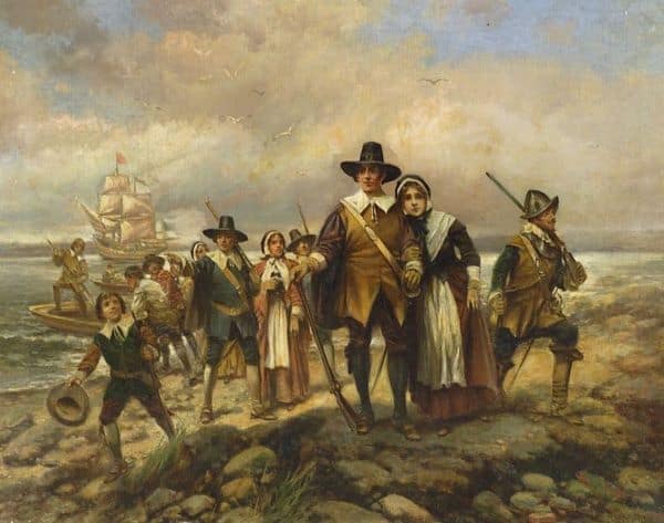 George Washington's First Thanksgiving Proclamation, 1789. Edward Percy Moran painting: pilgrims-landing