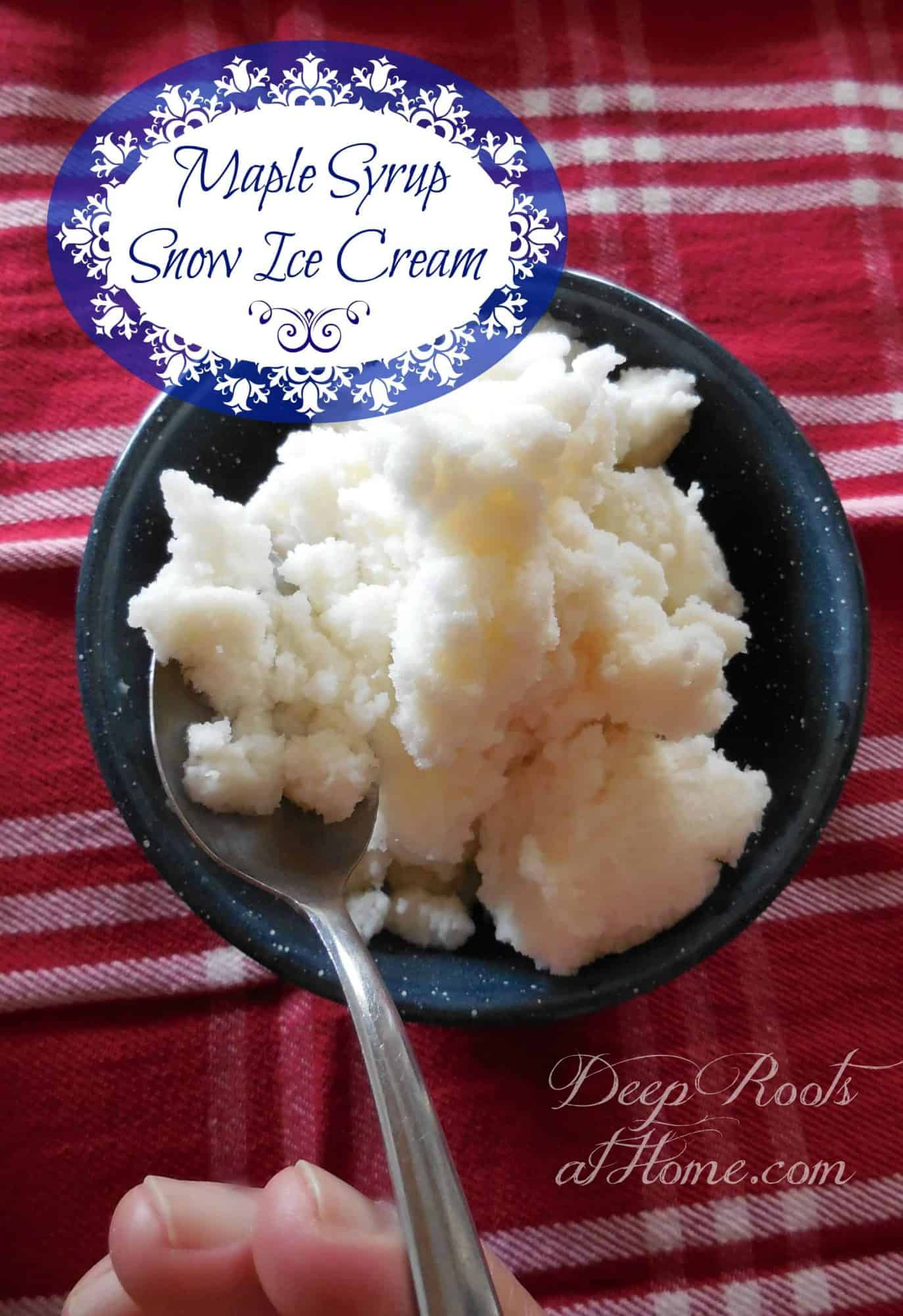 Maple Syrup Snow Ice Cream Like Laura Ingalls Ate In 'Little House'. Maple syrup snow ice cream in a blue porcelain bowl.