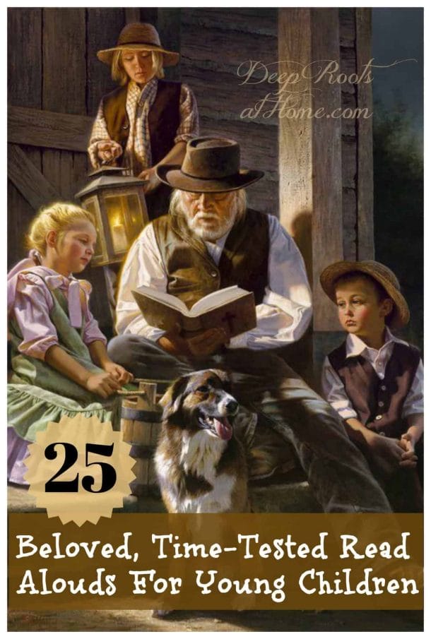 25 Beloved, Time-Tested Read Alouds For Young Children. A pioneering grandfather reading to the children while a boy holds a lantern for light on the porch.