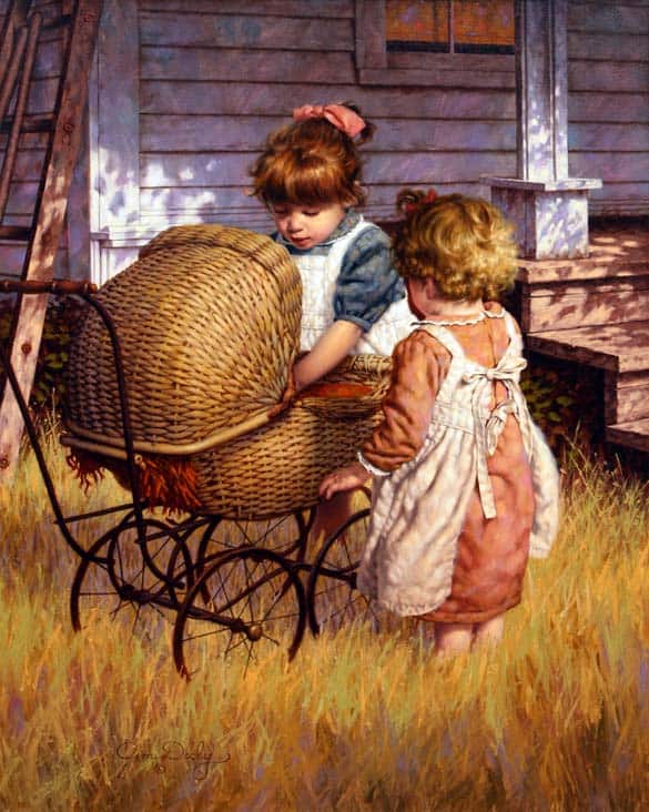 Are We Starving The Hearts Of Our Children? little girls with baby stroller, wicker doll carriage 