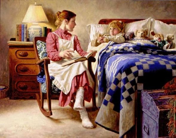 mother reading to her daughter going to bed