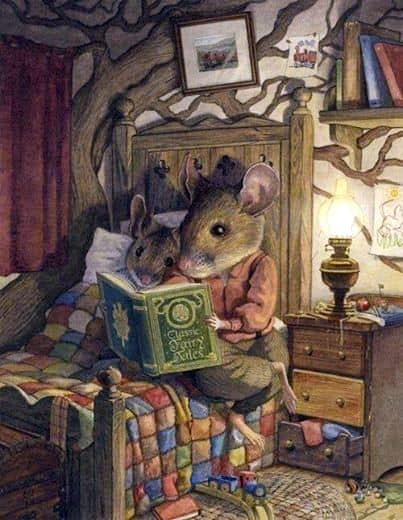 25 Beloved, Time-Tested Read Alouds For Young Children. Mother mouse reading a bedtime story to little mouse in the cottage by lamplight. 