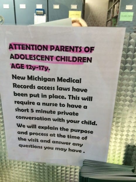 Bye-Bye, Parent: The Government Owns Your Child. A notice in a pediatrician's office requiring parents to leave the room for 5 minutes so the nurse can talk to the child alone.