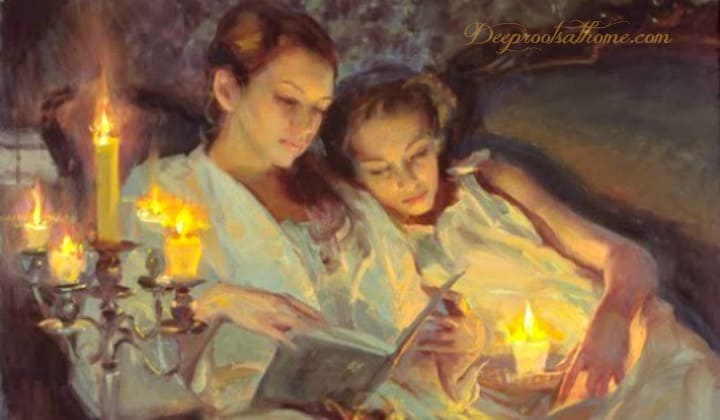 The Investment & Gift of Time ~ A Mother's Treasure. Mother and 3 daughters reading by candlelight