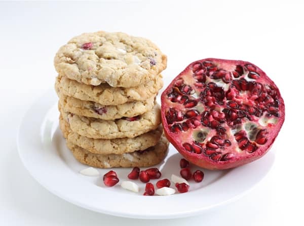 29 Festive Pomegranate Recipes & De-Seeding Video.  Pomegranate White Chocolate Chunk Cookies  {Two Peas & Their Pod}