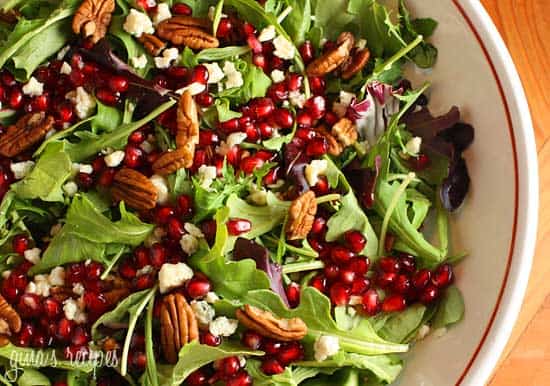 Mixed Baby Greens with Pome Seeds, Gorgonzola and Pecans  {Gina's Skinny Recipes}