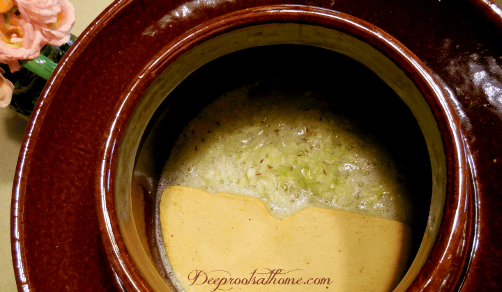 Step-by-Step Process Of Making Sauerkraut In a Crock, keeper at home, choucroute, barrels, book, French Grey salt, Himalayan pink salt, sea salt, minerals, shredded cabbage, chopped cabbage, independence, open crock, salt ratio, Alsace Lorraine, France, cellar, food storage, fermentation, big batches, crunchy, sour, kahm yeast, Holland, caraway seeds, lidded crock, Harsch crock, Gartopf, grandmothers, probiotic, flavor, crunchy, beneficial bacteria, bad bacteria, lactobacillus, lactic acid, brine, salt solution, lacto-fermentation, old ways, thermometer, food storage, kraut, 