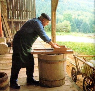 Step-by-Step Process Of Making Sauerkraut In a Crock, keeper at home, choucroute, barrels, book, French Grey salt, Himalayan pink salt, sea salt, minerals, shredded cabbage, chopped cabbage, independence, open crock, Boss Pickler, Fido jar, canning jars, mason jars, Ball jars, salt ratio, bon appetit, Alsace Lorraine, France, cellar, food storage, fermentation, big batches, crunchy, sour, kahm yeast, Holland, caraway seeds, lidded crock, Harsch crock, Gartopf, grandmothers, probiotic, flavor, crunchy, beneficial bacteria, bad bacteria, lactobacillus, lactic acid, brine, salt solution, lacto-fermentation, old ways, thermometer, food storage, kraut, peasant working, cabbage cutter