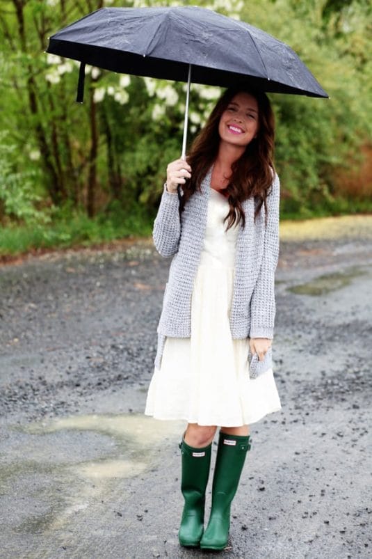 25 Classic Ladylike Looks For You: Spring Heading Into Summer. woman in the rain with galoshes and an umbrella