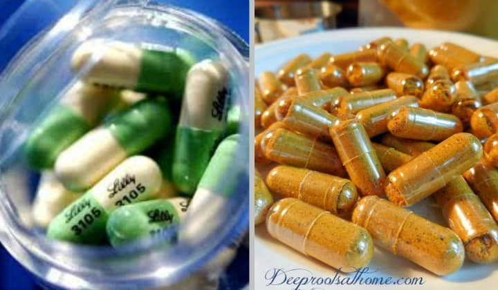 Evidence: No-Side-Effect Turmeric Beats Prozac, Ibuprofen & More, Photo of Eli Lilly's drug (capsules) Prozac and one of Turmeric Extract, C3-Complex with Bioperine