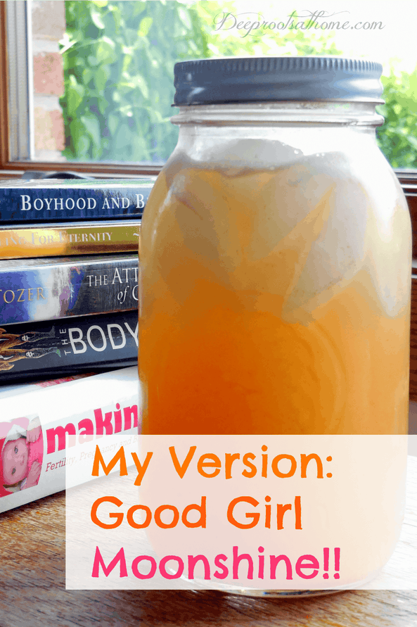 My Version ~ Good Girl Moonshine! A quart of Good Girl Moonshine in the window made of ginger, cinnamon, ACV, sea salt, honey and water.