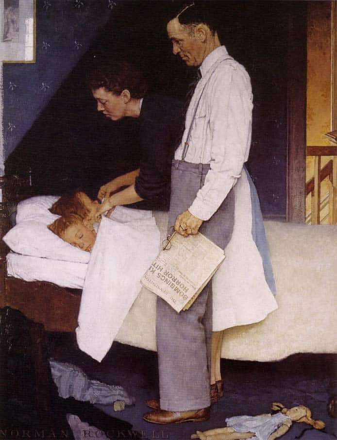Rockwell painting, tucking the boys in