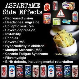 How To Detox Aspartame, the Sweet Poison. An infographic with some of the many side-effects of aspartame.