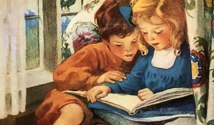 60 Titles For the Well-Rounded Children's Bookshelf. A Jessie Wilcox Smith painting of two adorable children snuggled in a chair reading together.