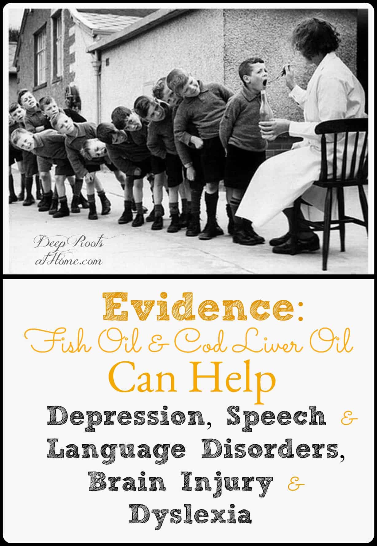 Fish or Cold Liver Oil Can Help Brain Processing Disorders, ADHD. Old photo of young children at a school in Europe lined up, taking cod liver oil on spoon, 